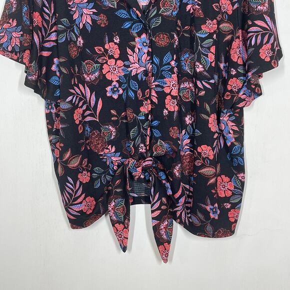 Fred David Shirt Women's Plus Size 2X Black Pink Floral Front Tie Short Sleeve - Picture 4 of 8